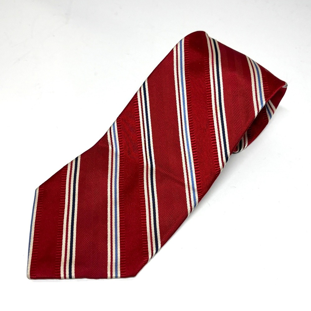 Roundree & Yorke Repp Necktie Mens OS Red‎ Striped Silk Handmade Herringbone
